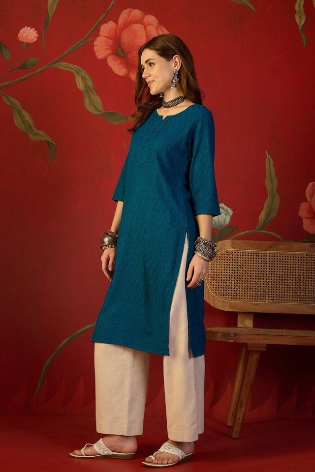 Turquoise Embroidered Rayon Free Size Stitched Long Kurti (52537)