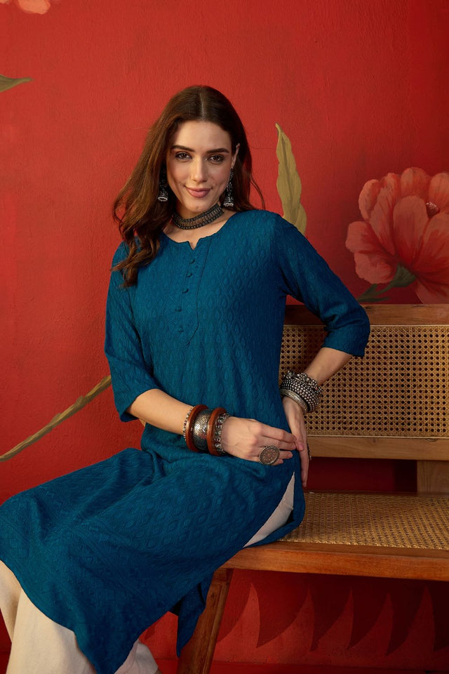 Turquoise Embroidered Rayon Free Size Stitched Long Kurti (52537)