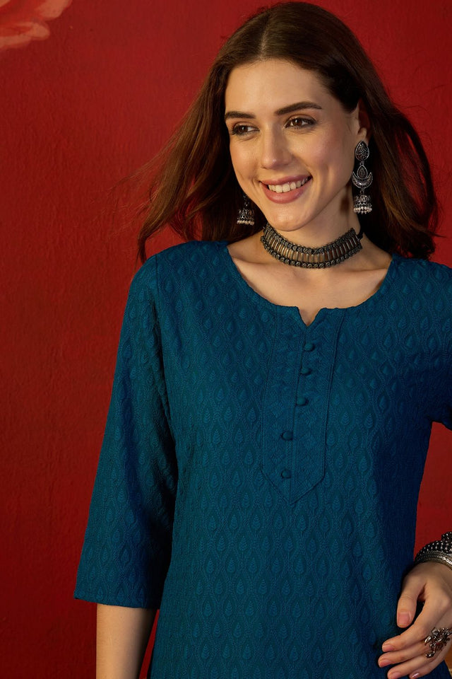 Turquoise Embroidered Rayon Free Size Stitched Long Kurti (52537)