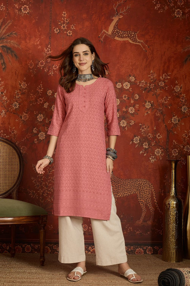 Pink Embroidered Rayon Free Size Stitched Long Kurti (52538)