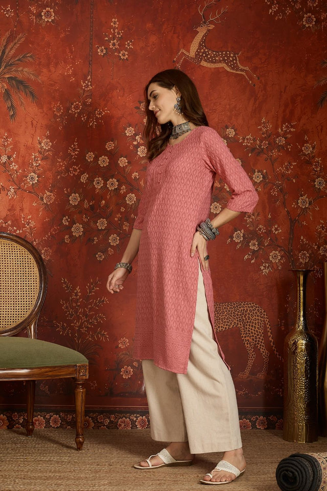 Pink Embroidered Rayon Free Size Stitched Long Kurti (52538)