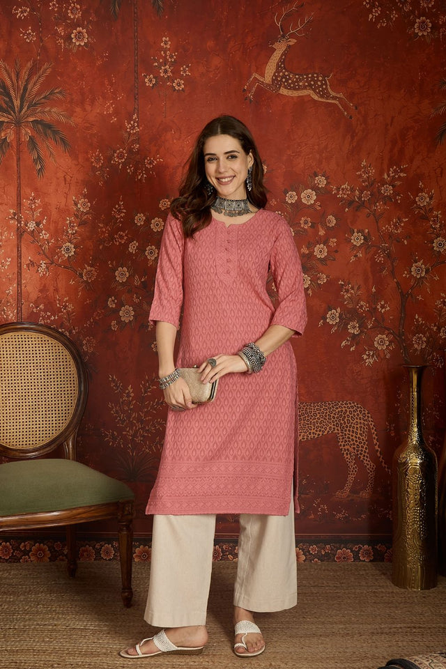 Pink Embroidered Rayon Free Size Stitched Long Kurti (52538)