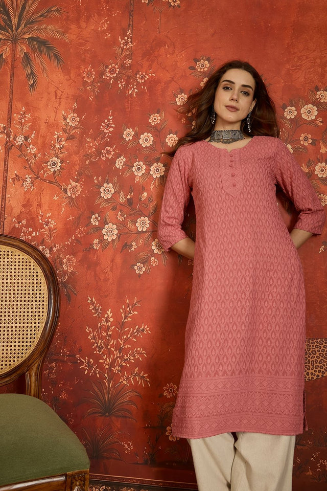 Pink Embroidered Rayon Free Size Stitched Long Kurti (52538)