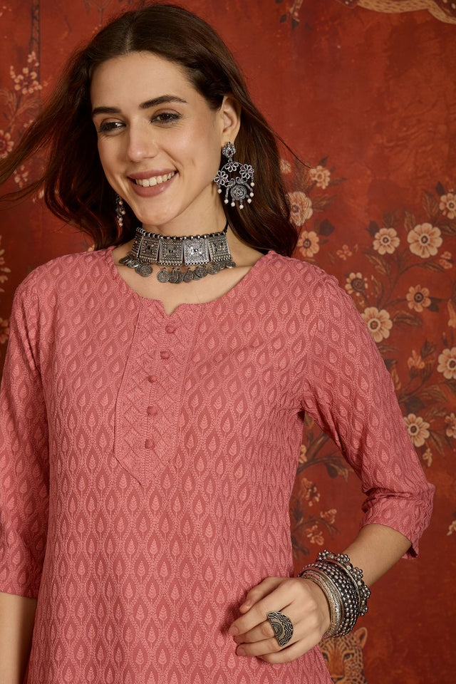 Pink Embroidered Rayon Free Size Stitched Long Kurti (52538)