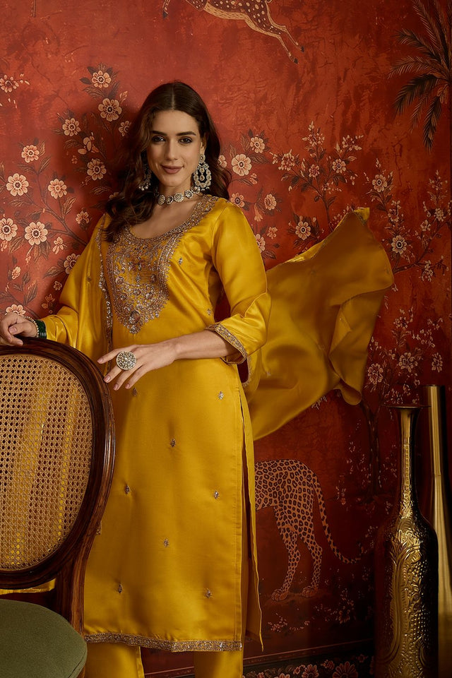 Mustard Sequin with Embroidered Silk Free Size Stitched Kurti Pant Set (52546)