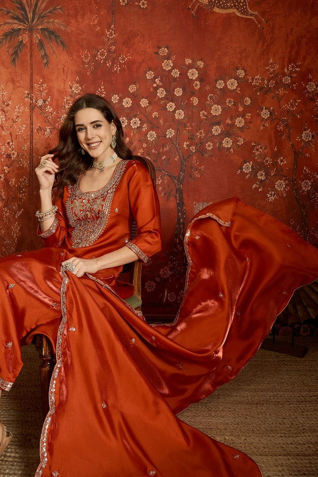 Rust Sequin with Embroidered Silk Free Size Stitched Kurti Pant Set (52547)