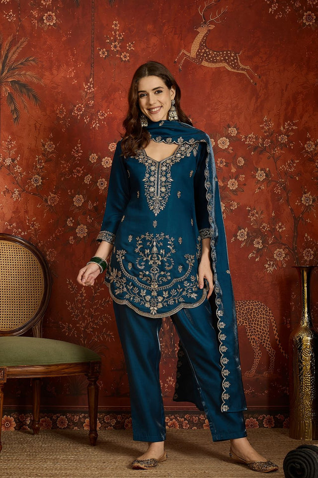 Navy Blue Floral Embroidered Silk Free Size Stitched Kurti Pant Set (52548)