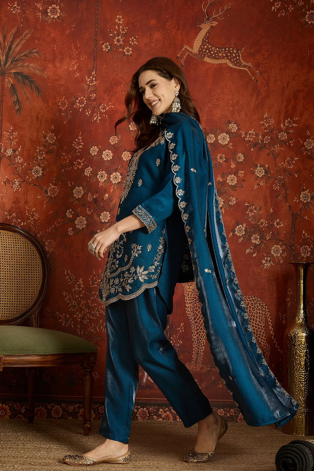 Navy Blue Floral Embroidered Silk Free Size Stitched Kurti Pant Set (52548)