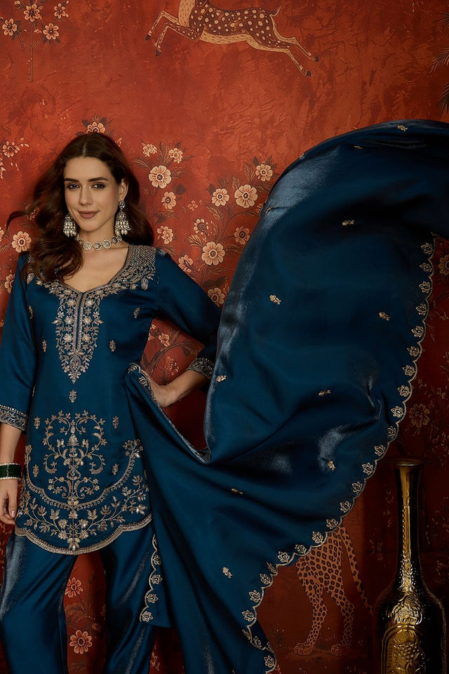 Navy Blue Floral Embroidered Silk Free Size Stitched Kurti Pant Set (52548)