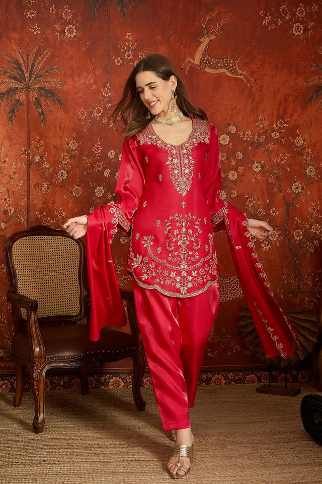 Dark Pink Floral Embroidered Silk Free Size Stitched Kurti Pant Set (52549)