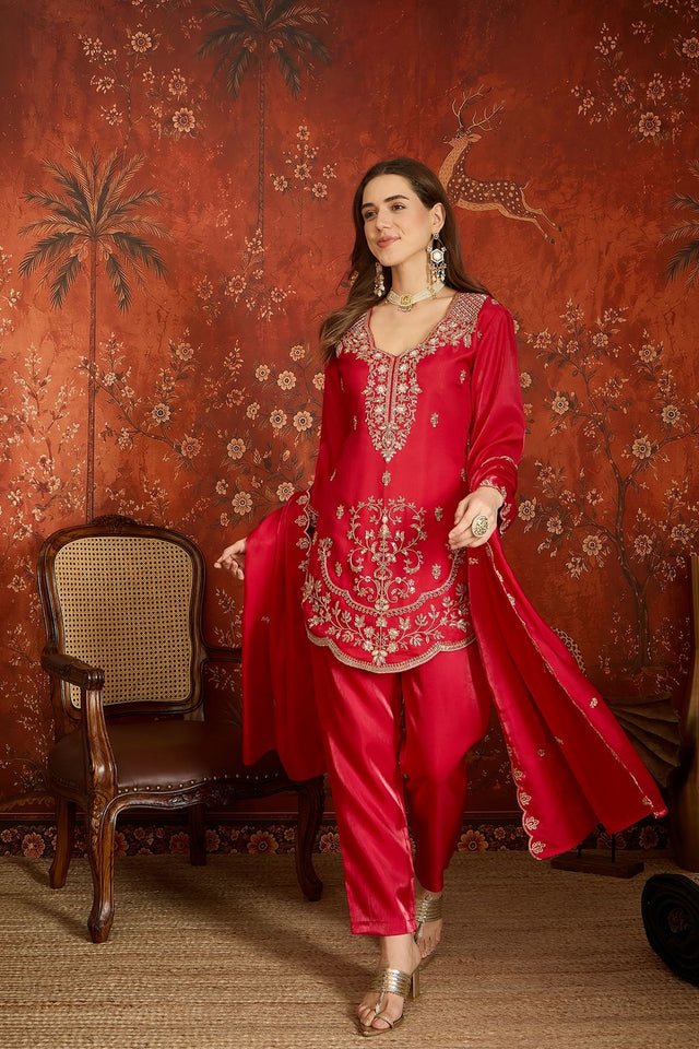Dark Pink Floral Embroidered Silk Free Size Stitched Kurti Pant Set (52549)