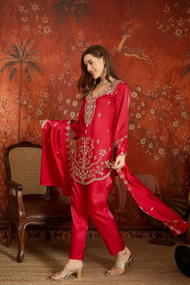 Dark Pink Floral Embroidered Silk Free Size Stitched Kurti Pant Set (52549)