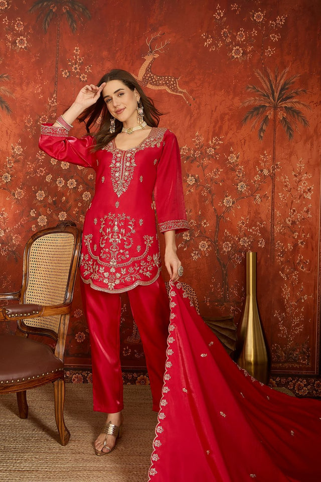 Dark Pink Floral Embroidered Silk Free Size Stitched Kurti Pant Set (52549)