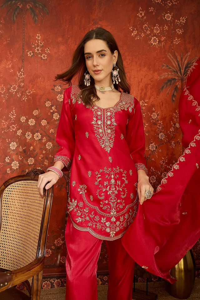 Dark Pink Floral Embroidered Silk Free Size Stitched Kurti Pant Set (52549)