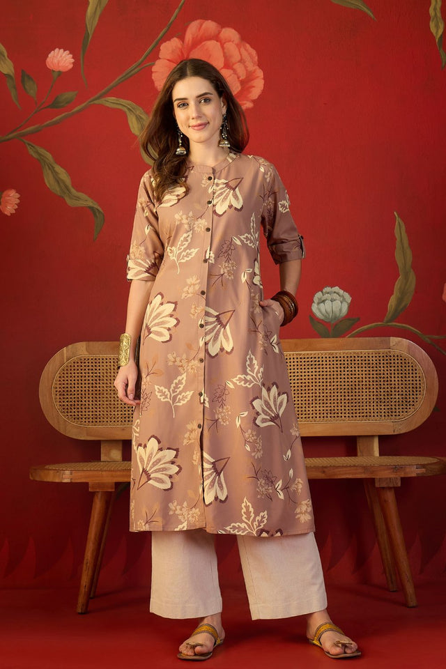 Brown Floral Printed Rayon Free Size Stitched Long Kurti (52550)