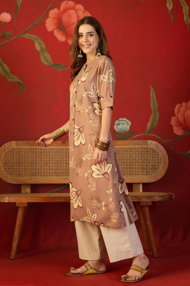Brown Floral Printed Rayon Free Size Stitched Long Kurti (52550)