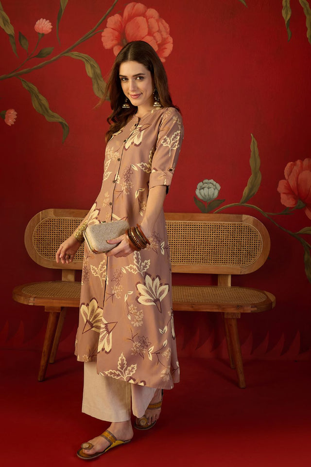 Brown Floral Printed Rayon Free Size Stitched Long Kurti (52550)