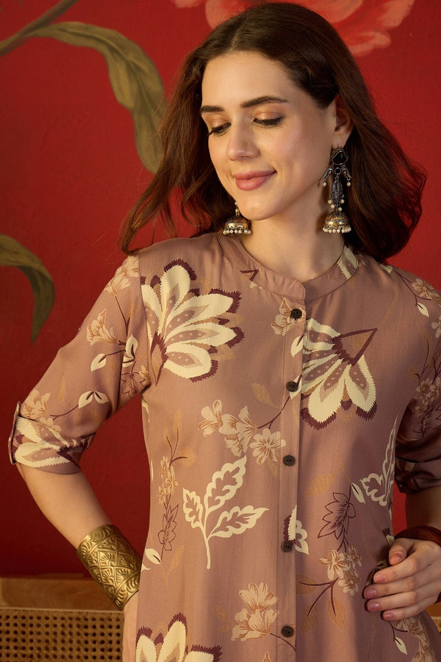 Brown Floral Printed Rayon Free Size Stitched Long Kurti (52550)