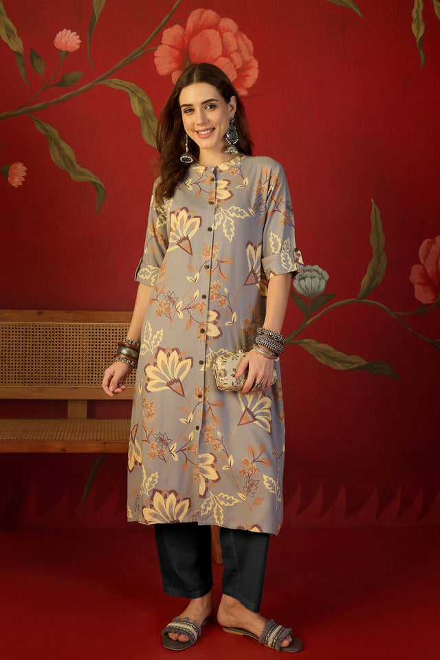 Grey Floral Printed Rayon Free Size Stitched Long Kurti (52551)