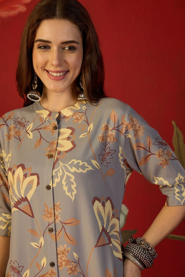 Grey Floral Printed Rayon Free Size Stitched Long Kurti (52551)