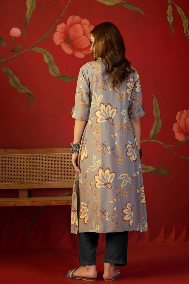 Grey Floral Printed Rayon Free Size Stitched Long Kurti (52551)