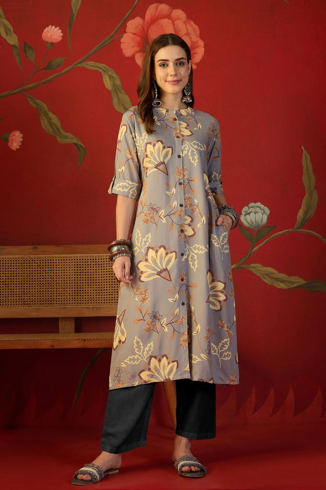 Grey Floral Printed Rayon Free Size Stitched Long Kurti (52551)