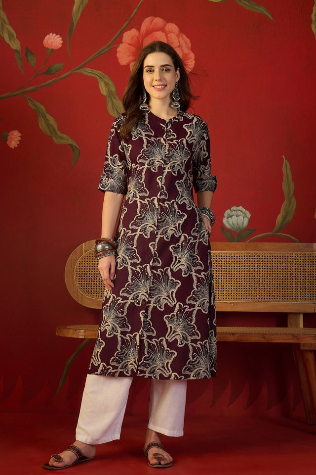Purple Floral Printed Rayon Free Size Stitched Long Kurti (52552)