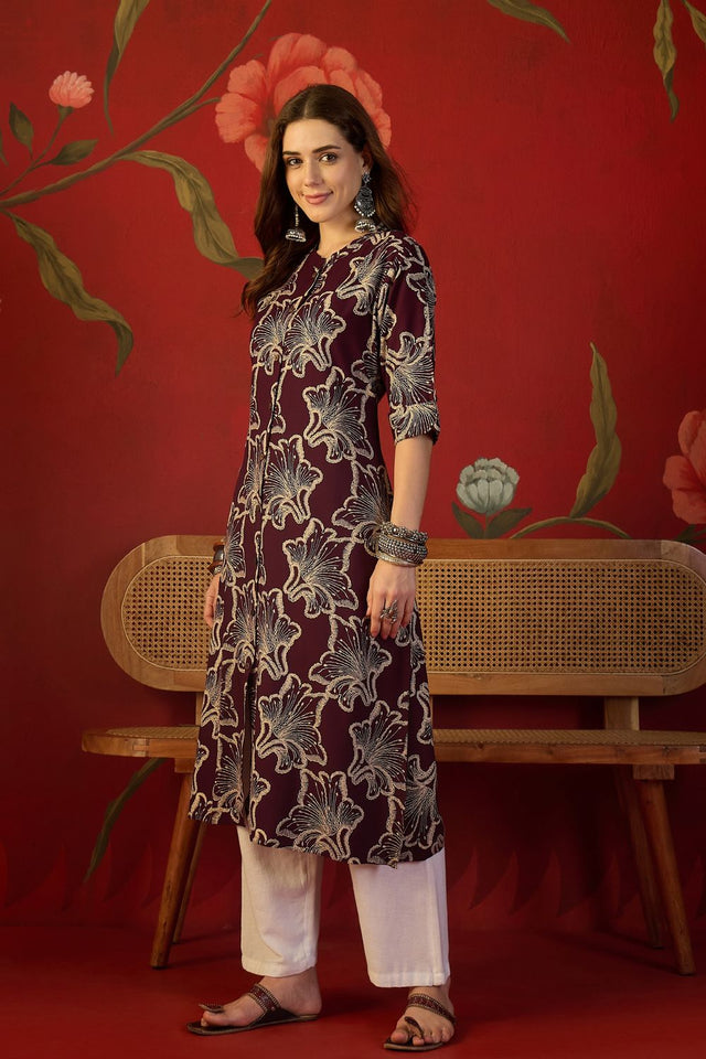 Purple Floral Printed Rayon Free Size Stitched Long Kurti (52552)