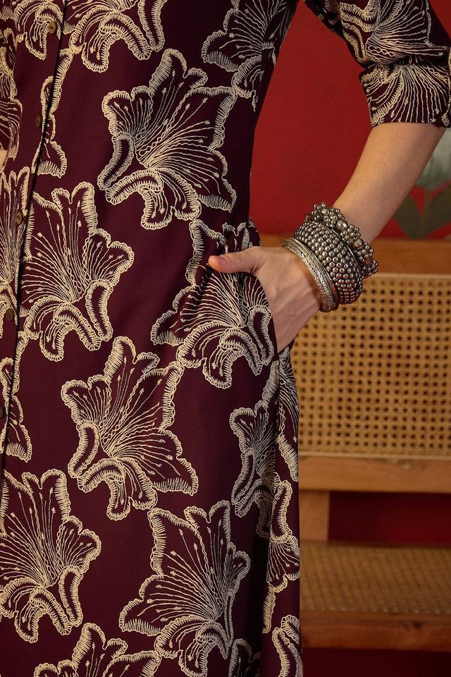 Purple Floral Printed Rayon Free Size Stitched Long Kurti (52552)
