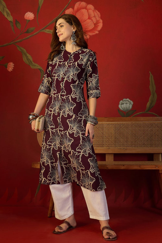 Purple Floral Printed Rayon Free Size Stitched Long Kurti (52552)