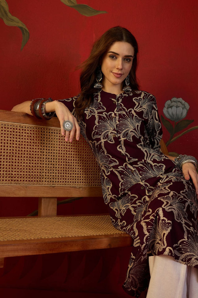 Purple Floral Printed Rayon Free Size Stitched Long Kurti (52552)