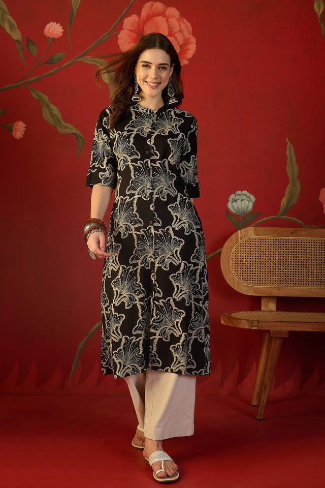 Black Floral Printed Rayon Free Size Stitched Long Kurti (52553)