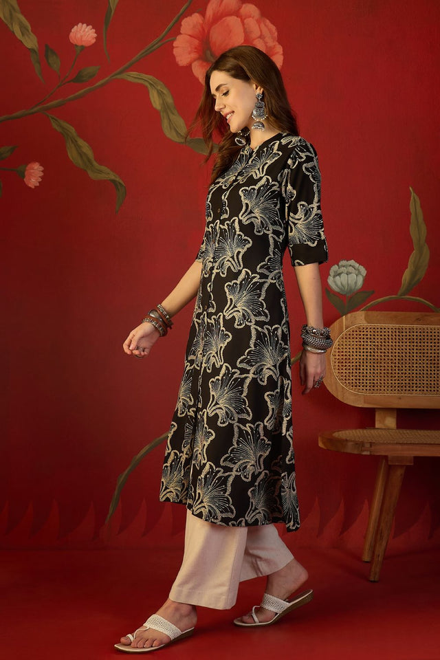 Black Floral Printed Rayon Free Size Stitched Long Kurti (52553)