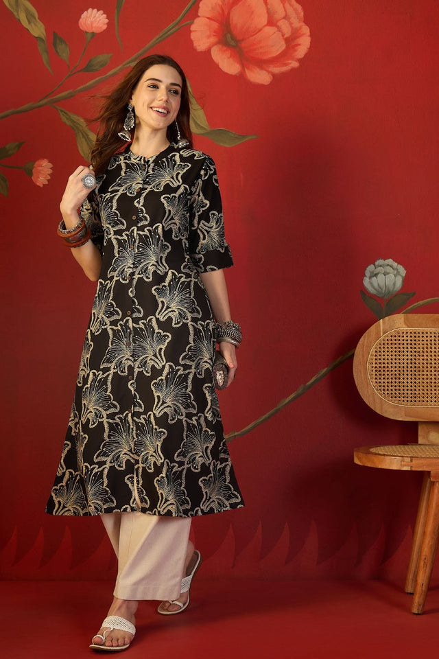Black Floral Printed Rayon Free Size Stitched Long Kurti (52553)
