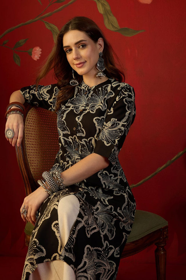 Black Floral Printed Rayon Free Size Stitched Long Kurti (52553)
