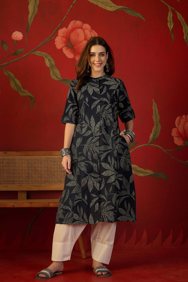 Navy Blue Floral Printed Cotton Free Size Stitched Long Kurti (52554)