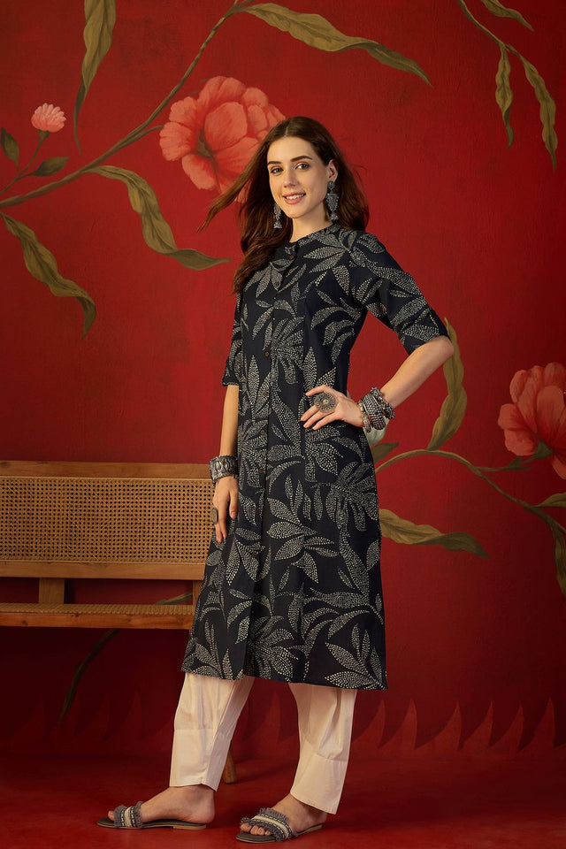 Navy Blue Floral Printed Cotton Free Size Stitched Long Kurti (52554)