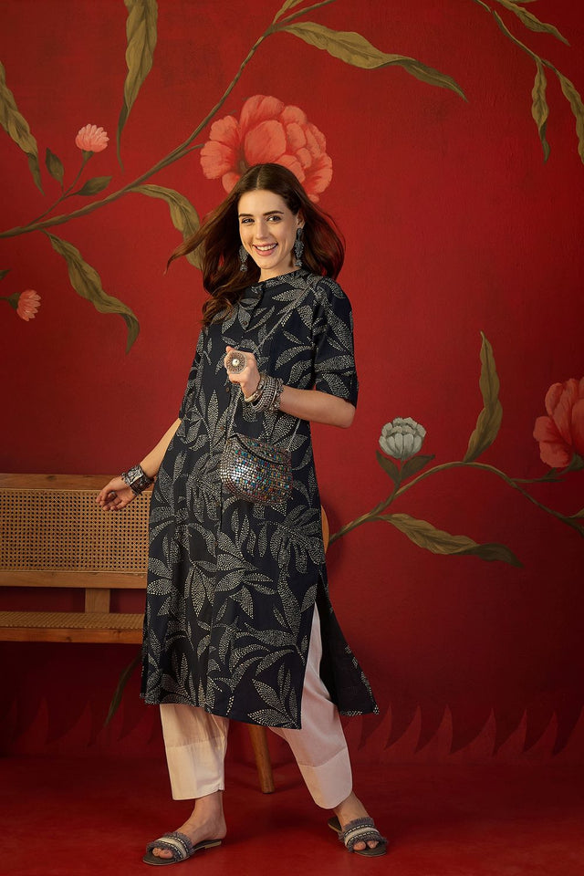 Navy Blue Floral Printed Cotton Free Size Stitched Long Kurti (52554)