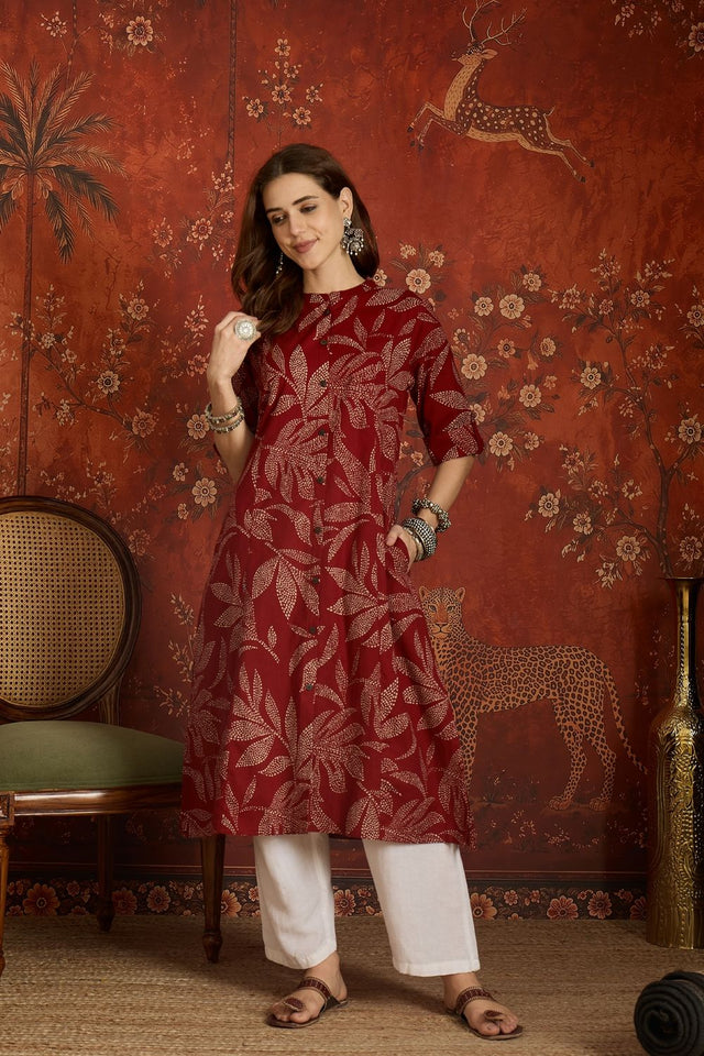 Maroon Floral Printed Cotton Free Size Stitched Long Kurti (52555)