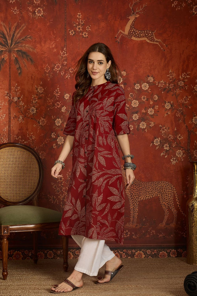 Maroon Floral Printed Cotton Free Size Stitched Long Kurti (52555)
