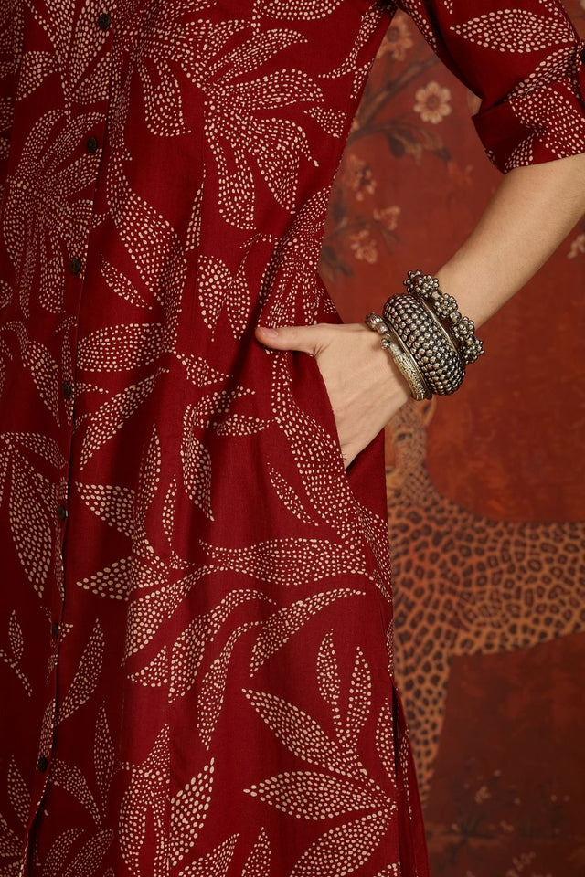 Maroon Floral Printed Cotton Free Size Stitched Long Kurti (52555)