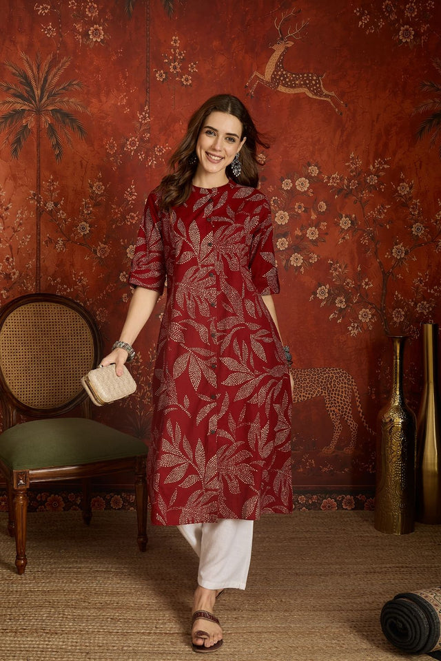 Maroon Floral Printed Cotton Free Size Stitched Long Kurti (52555)
