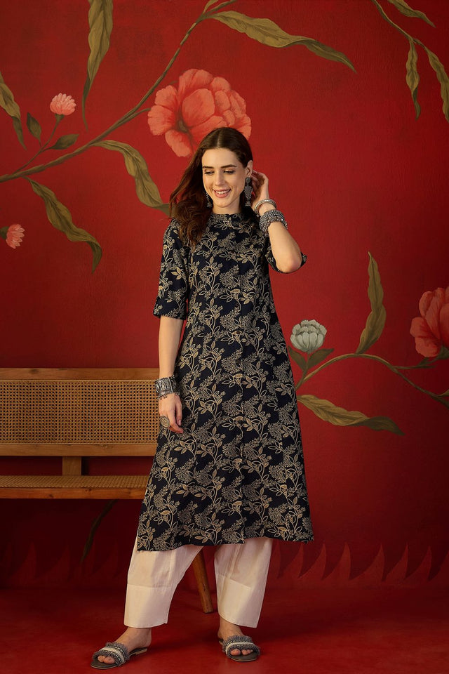 Black Floral Printed Cotton Free Size Stitched Long Kurti (52556)
