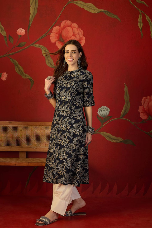 Black Floral Printed Cotton Free Size Stitched Long Kurti (52556)