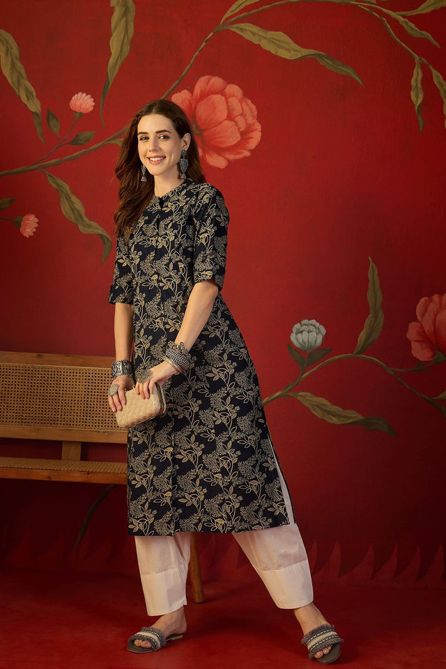 Black Floral Printed Cotton Free Size Stitched Long Kurti (52556)