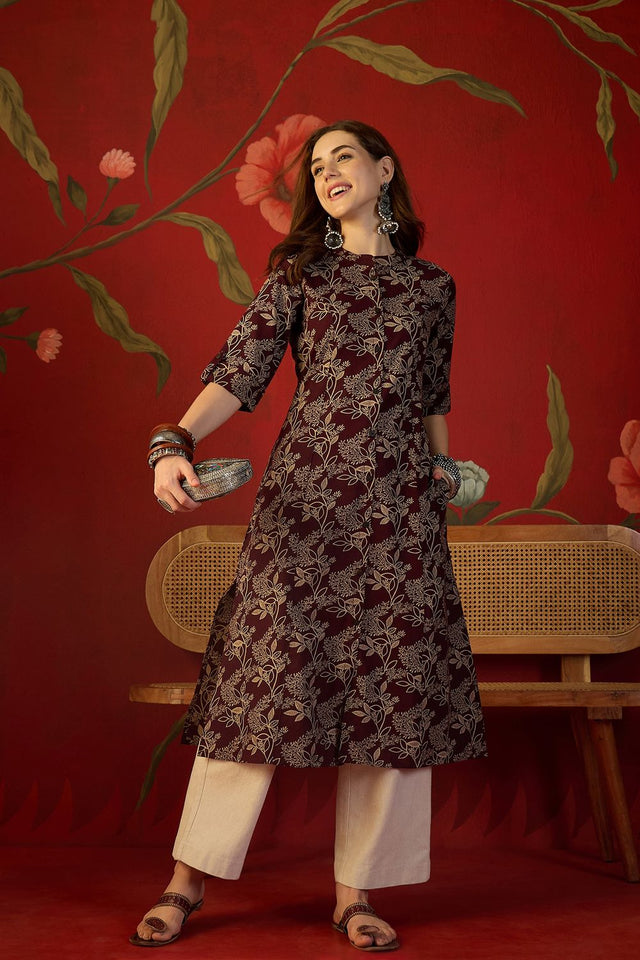 Maroon Floral Printed Cotton Free Size Stitched Long Kurti (52557)