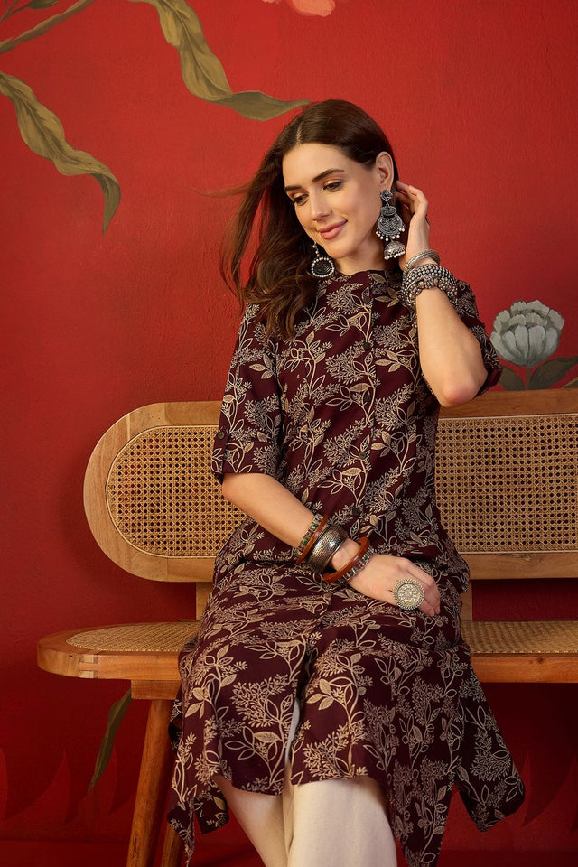 Maroon Floral Printed Cotton Free Size Stitched Long Kurti (52557)