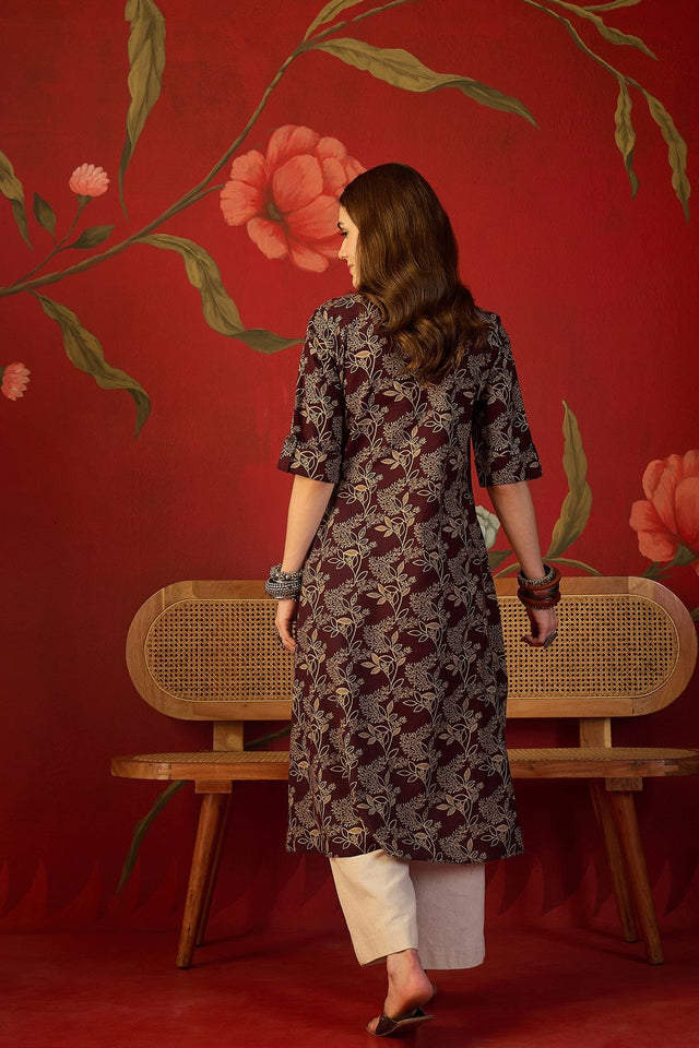 Maroon Floral Printed Cotton Free Size Stitched Long Kurti (52557)