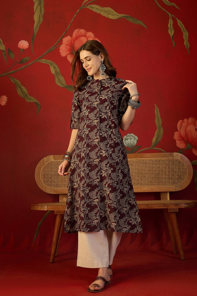 Maroon Floral Printed Cotton Free Size Stitched Long Kurti (52557)