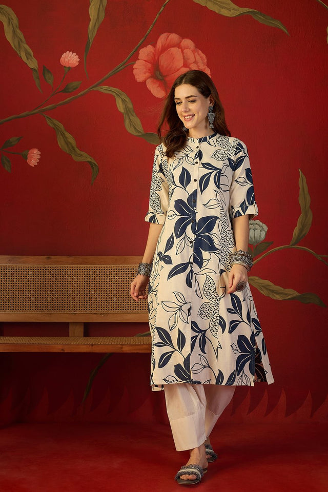Off White Floral Printed Cotton Free Size Stitched Long Kurti (52559)